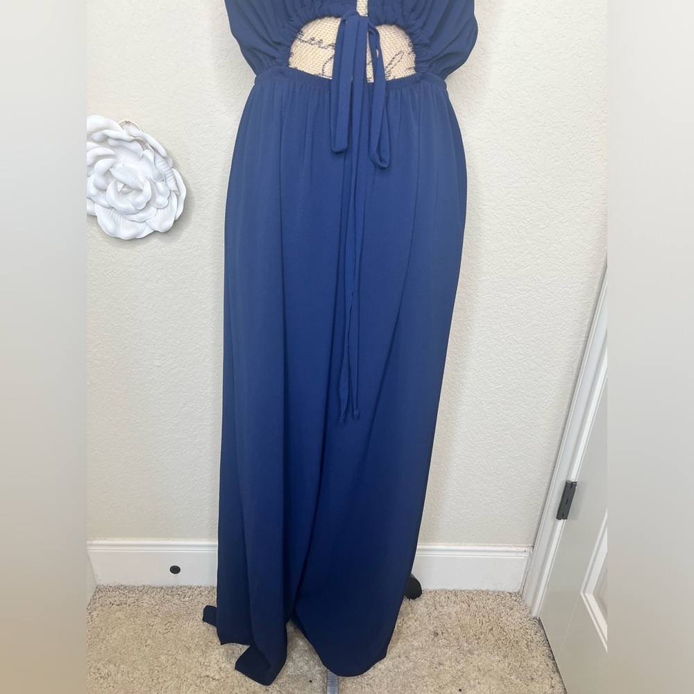 NTM: Tyche Navy Halter Cutout Wide-Leg Jumpsuit Flowy Boho Wear One-Piece Size L - Picture 5 of 16